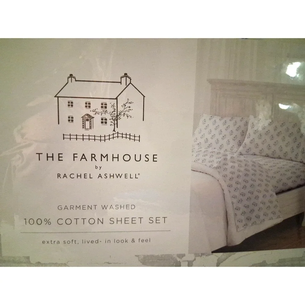 NIP The Farmhouse Rachel Ashwell Queen Cotton 4 Pc Sheet Set Blue Gray Floral